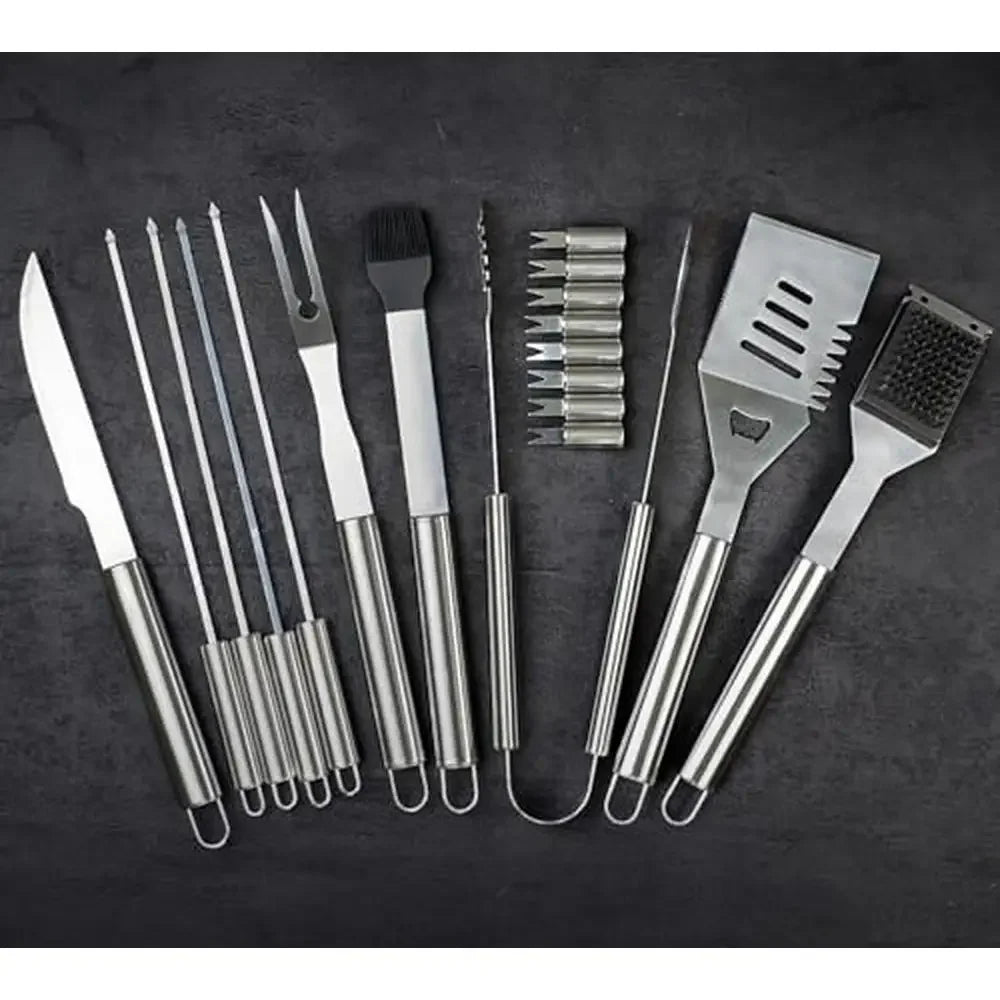 39 Piece Outdoor Grilling BBQ Tool Set in Wenge Wood Case Premium Barbeque Accessories Men Stainless Steel Skewers Spatula Fork