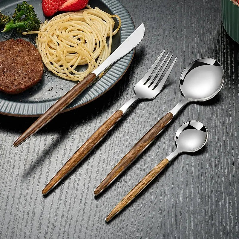 4pcs Stainless Steel Imitation Wooden Handle Cutlery Set