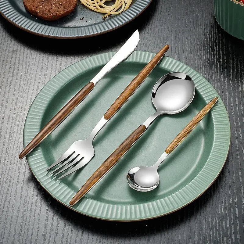 4pcs Stainless Steel Imitation Wooden Handle Cutlery Set