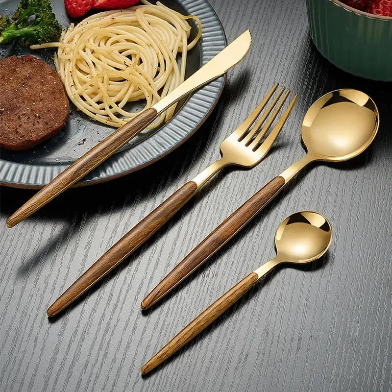 4pcs Stainless Steel Imitation Wooden Handle Cutlery Set